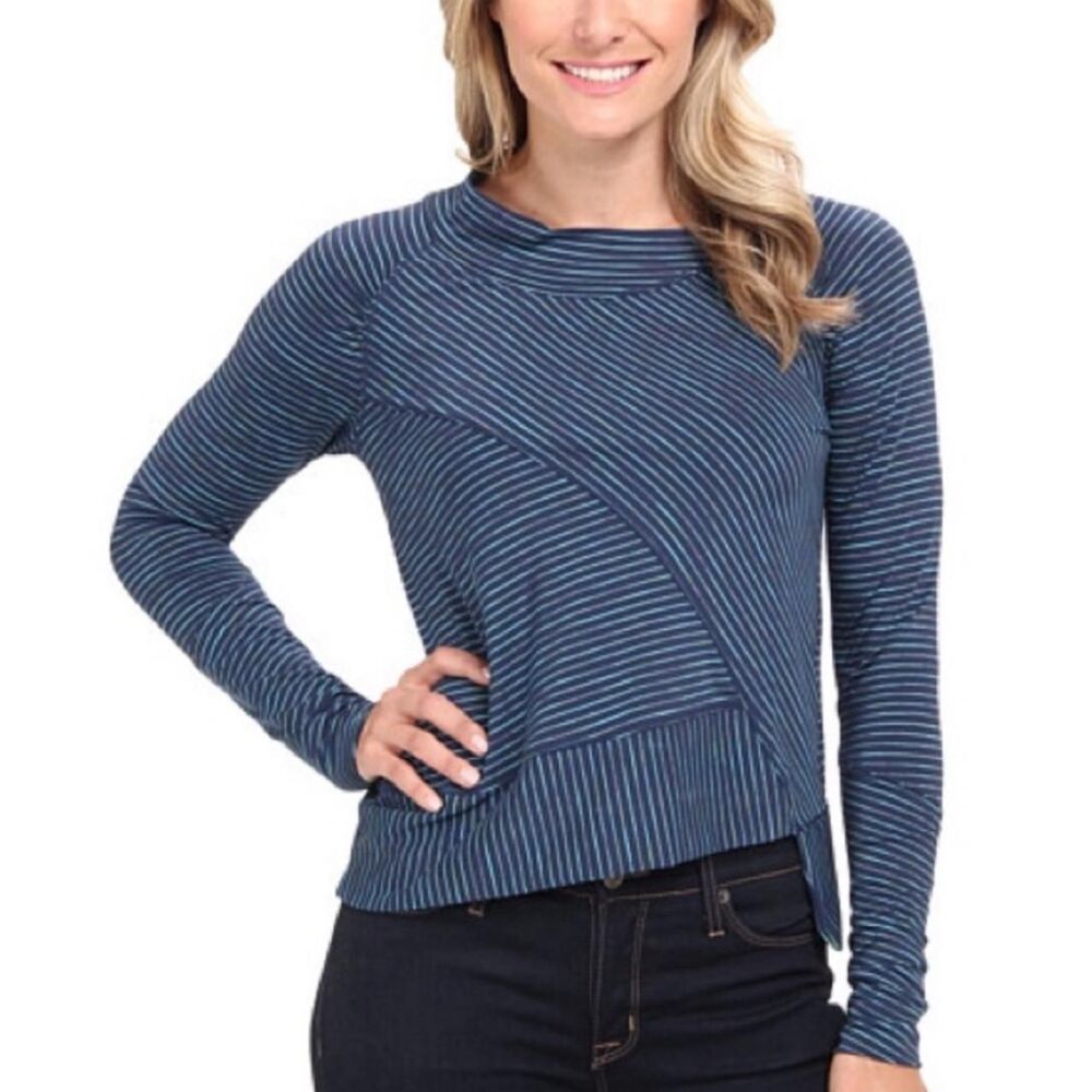 prAna Alicia Asymmetrical Mock Neck Top Blue Teal S Striped Stretch